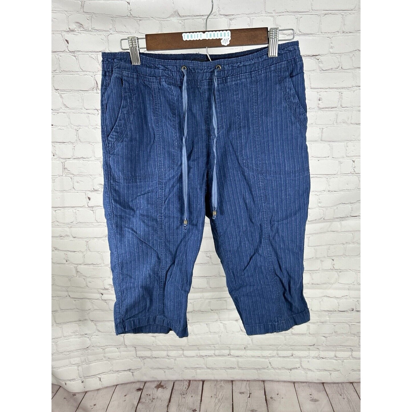 Lee Relaxed Fit Blue Linen Blend Striped Pull On Drawstring Shorts 8 (30 x 14.5)