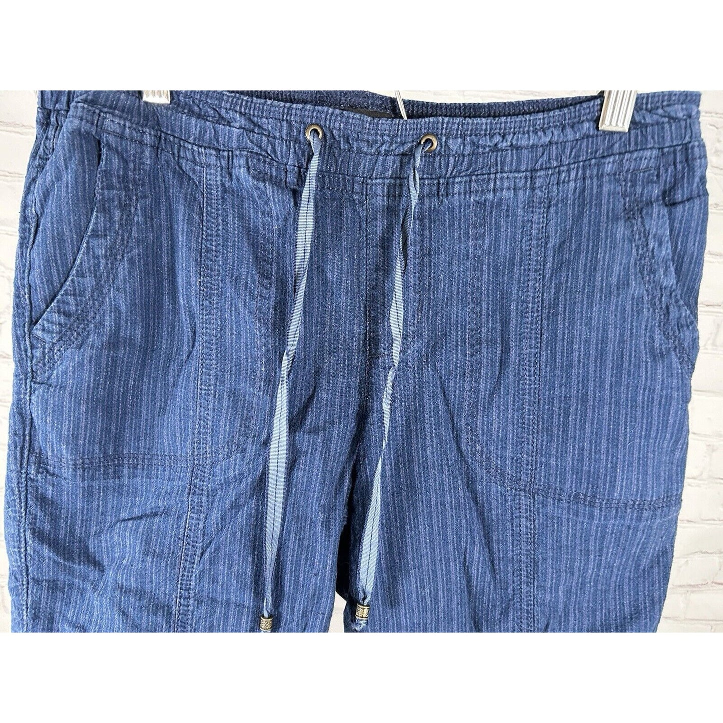 Lee Relaxed Fit Blue Linen Blend Striped Pull On Drawstring Shorts 8 (30 x 14.5)