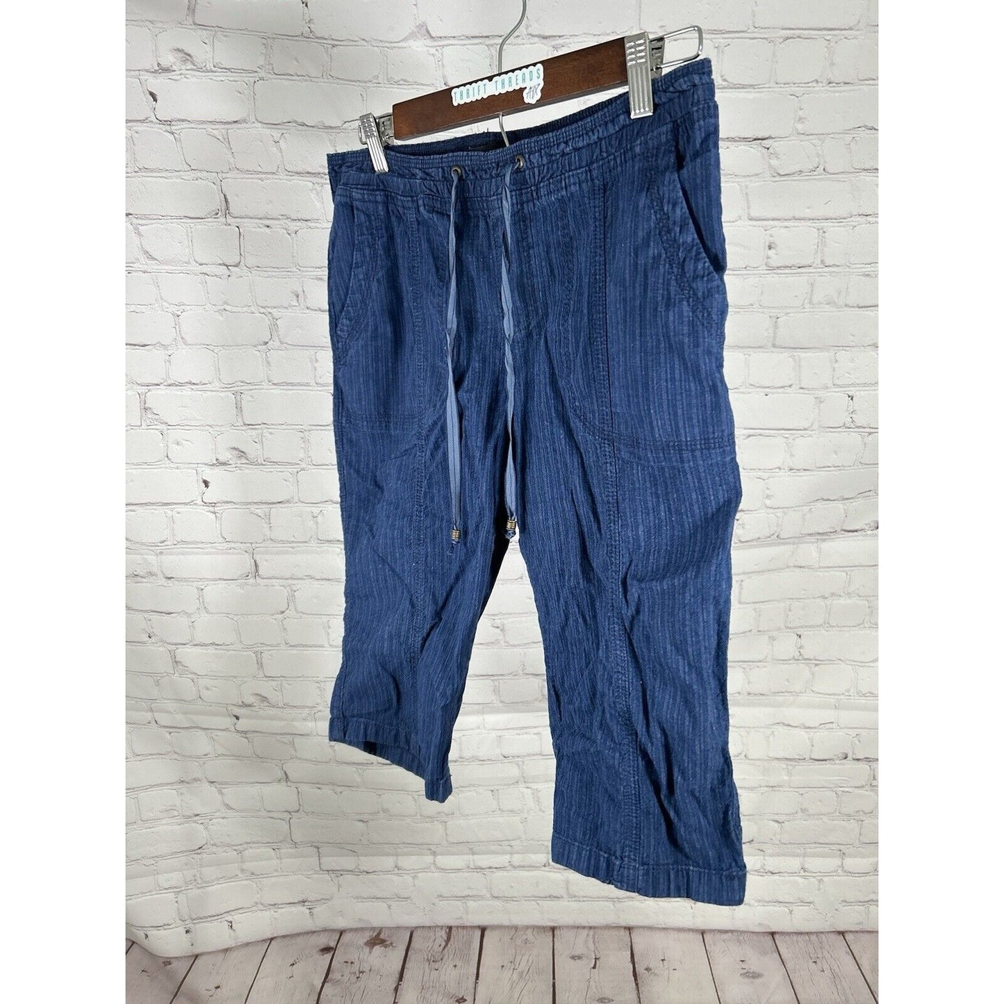 Lee Relaxed Fit Blue Linen Blend Striped Pull On Drawstring Shorts 8 (30 x 14.5)