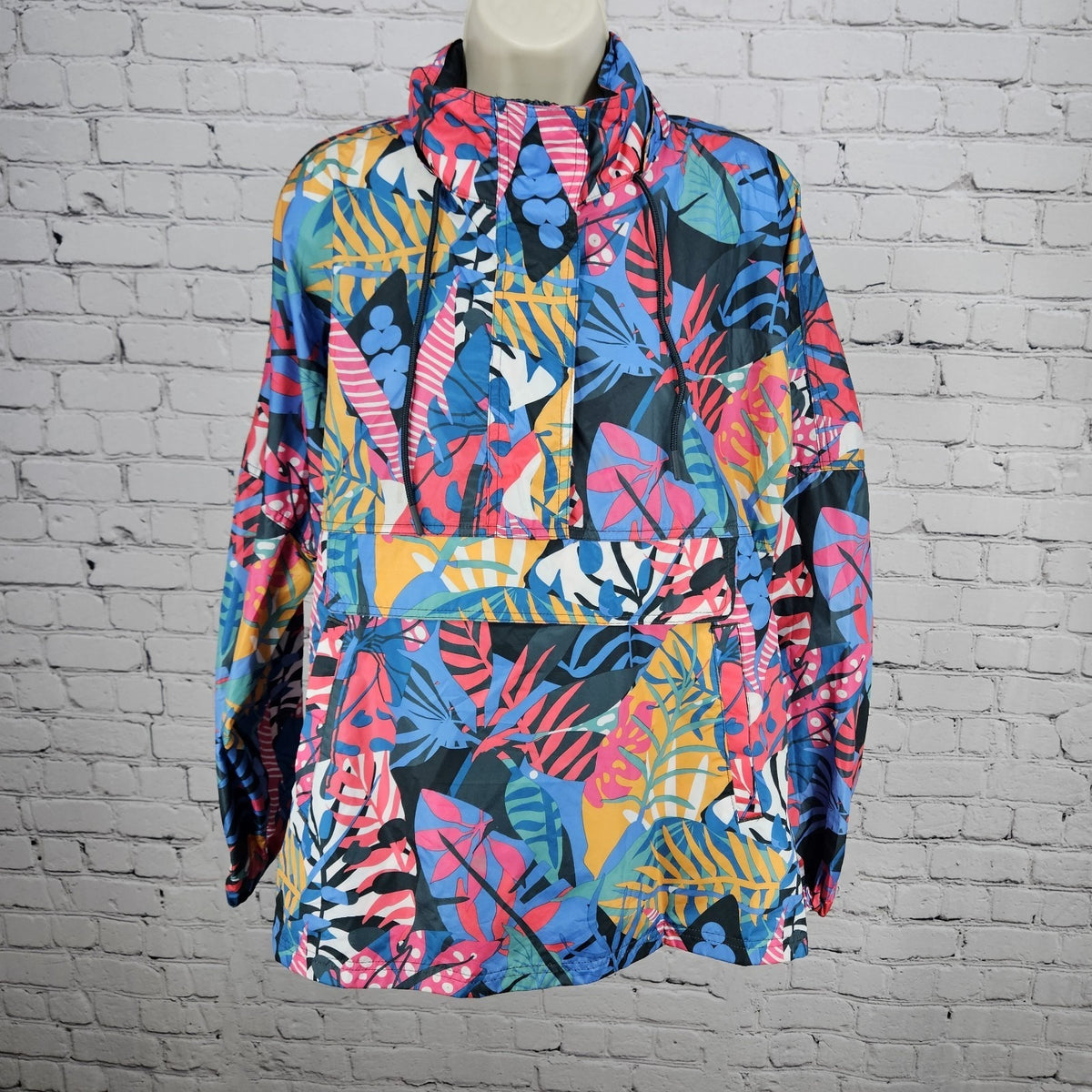 Lauren James Multicolor Leaves Hideable Hood Zip Pocket Windbreaker Jacket Large