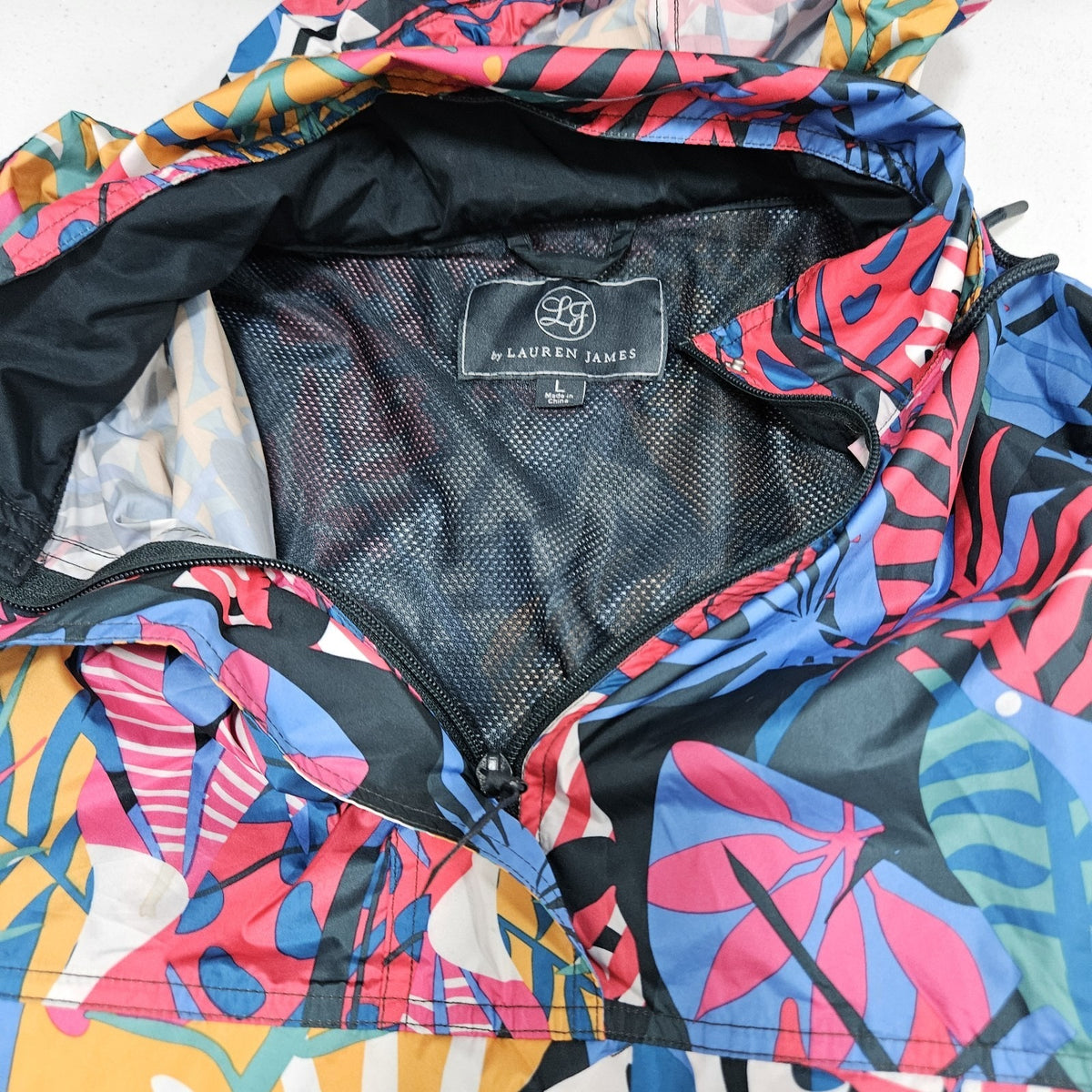 Lauren James Multicolor Leaves Hideable Hood Zip Pocket Windbreaker Jacket Large