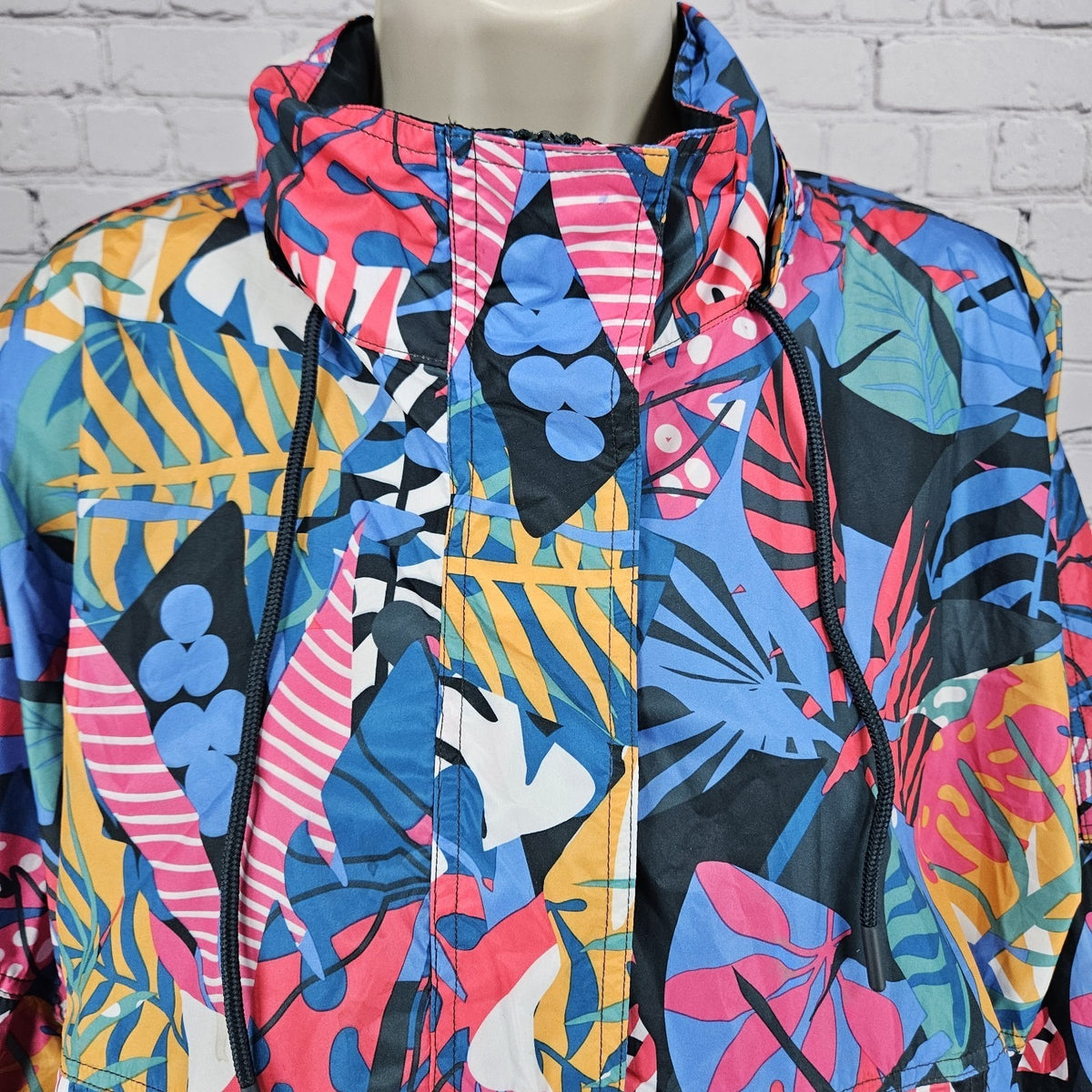 Lauren James Multicolor Leaves Hideable Hood Zip Pocket Windbreaker Jacket Large