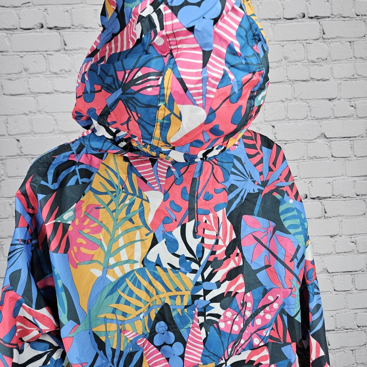 Lauren James Multicolor Leaves Hideable Hood Zip Pocket Windbreaker Jacket Large