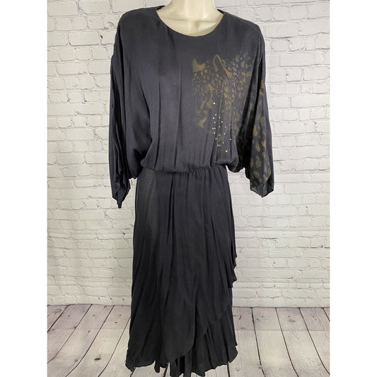 Vintage Sybil California Black Wool Blend Asymmetrical Layered Long Dress 14