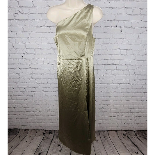 Birdy Grey Gold Satin One Shoulder Side Slit Bridesmaid Maxi Dress Gown Size XXL
