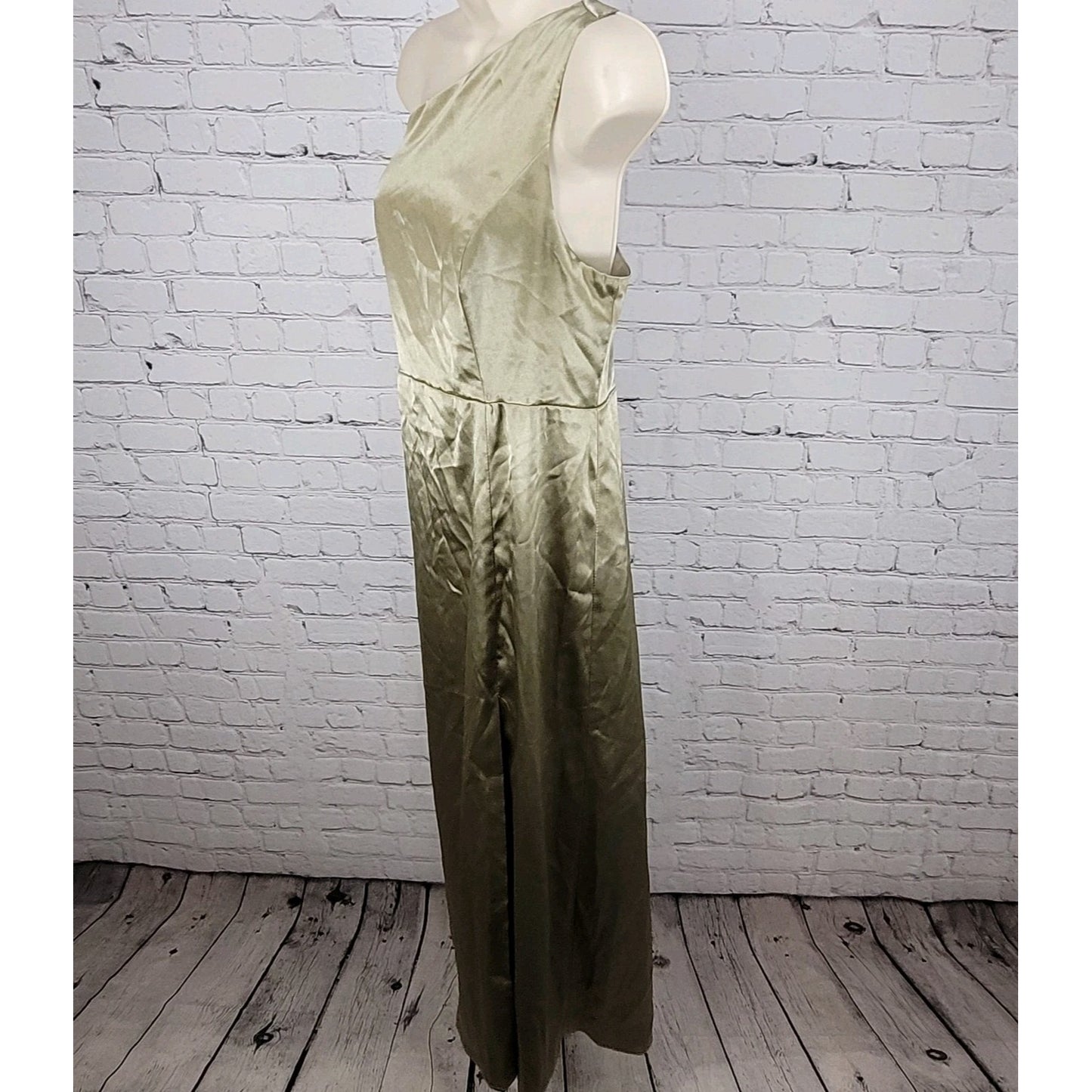 Birdy Grey Gold Satin One Shoulder Side Slit Bridesmaid Maxi Dress Gown Size XXL