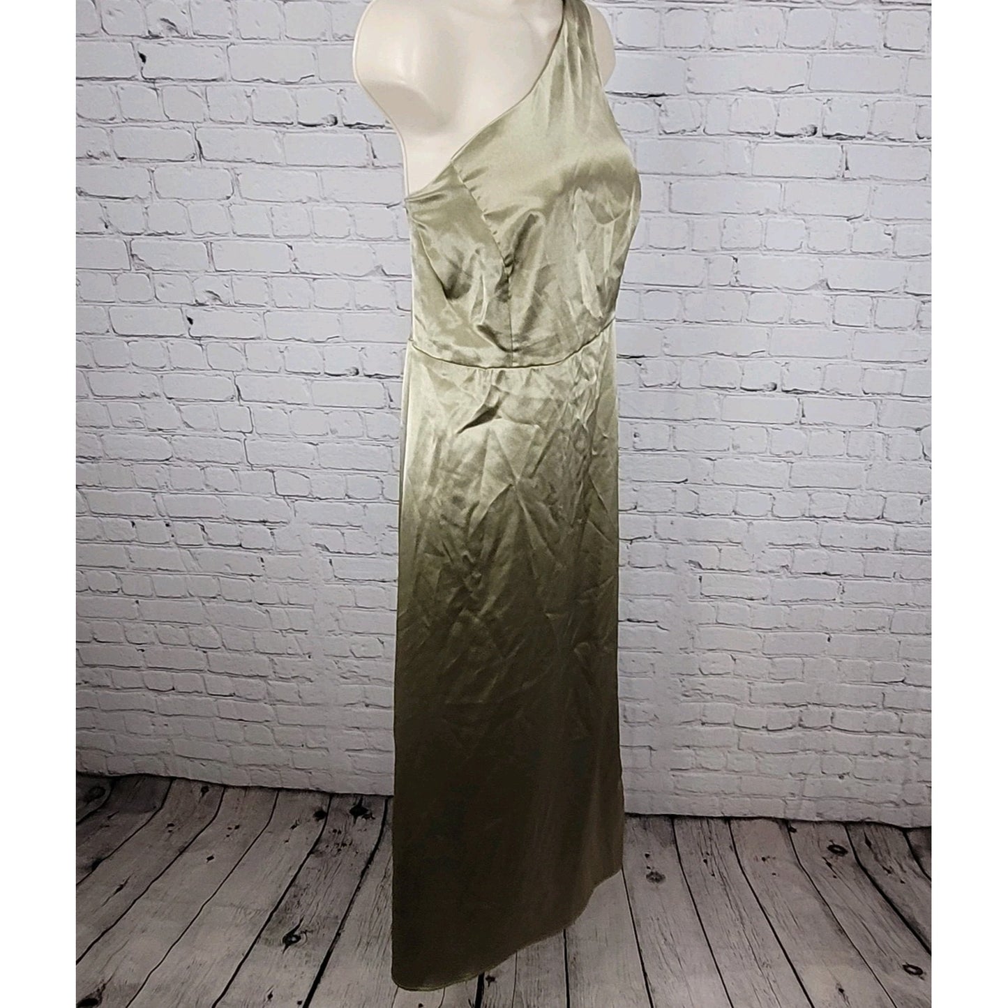 Birdy Grey Gold Satin One Shoulder Side Slit Bridesmaid Maxi Dress Gown Size XXL
