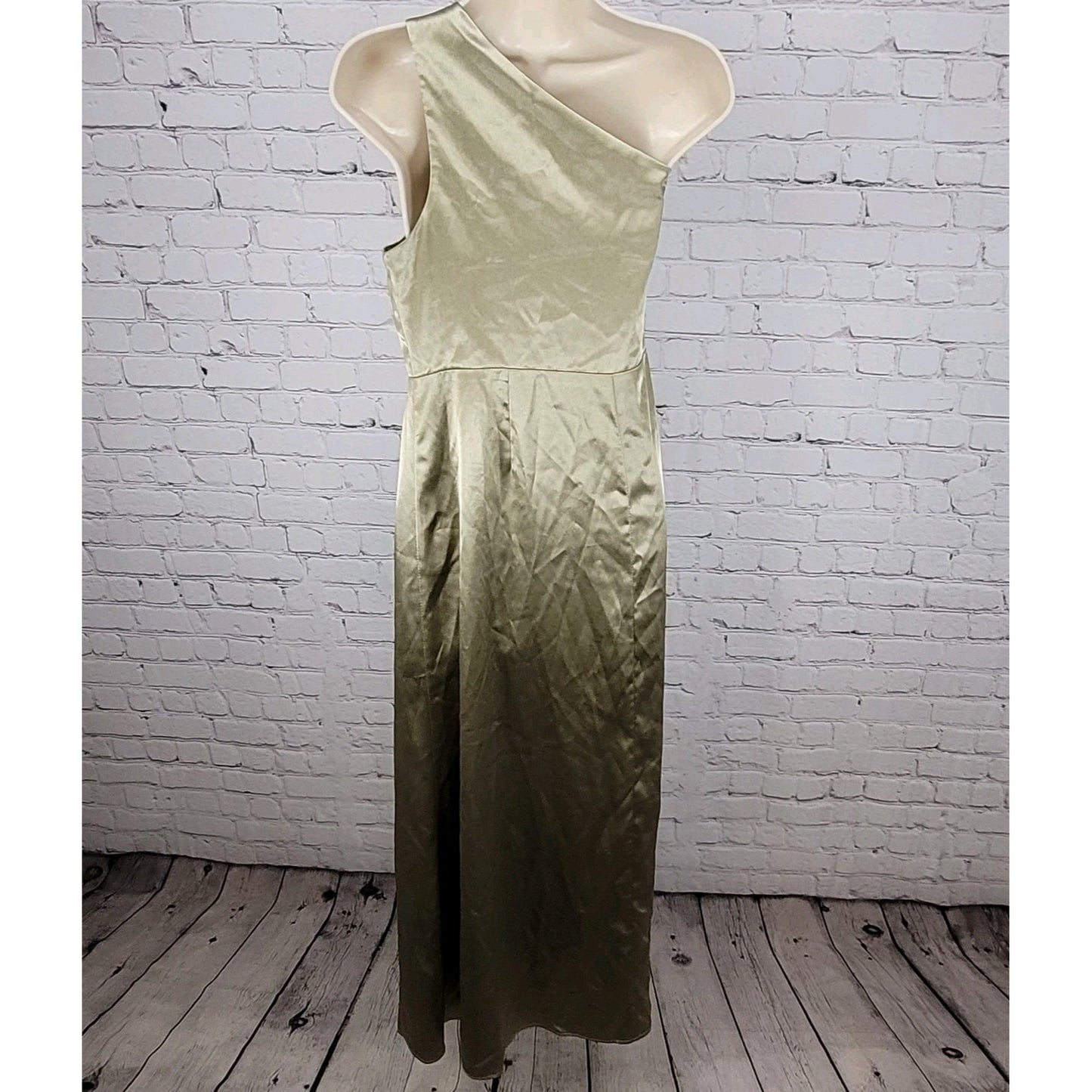 Birdy Grey Gold Satin One Shoulder Side Slit Bridesmaid Maxi Dress Gown Size XXL