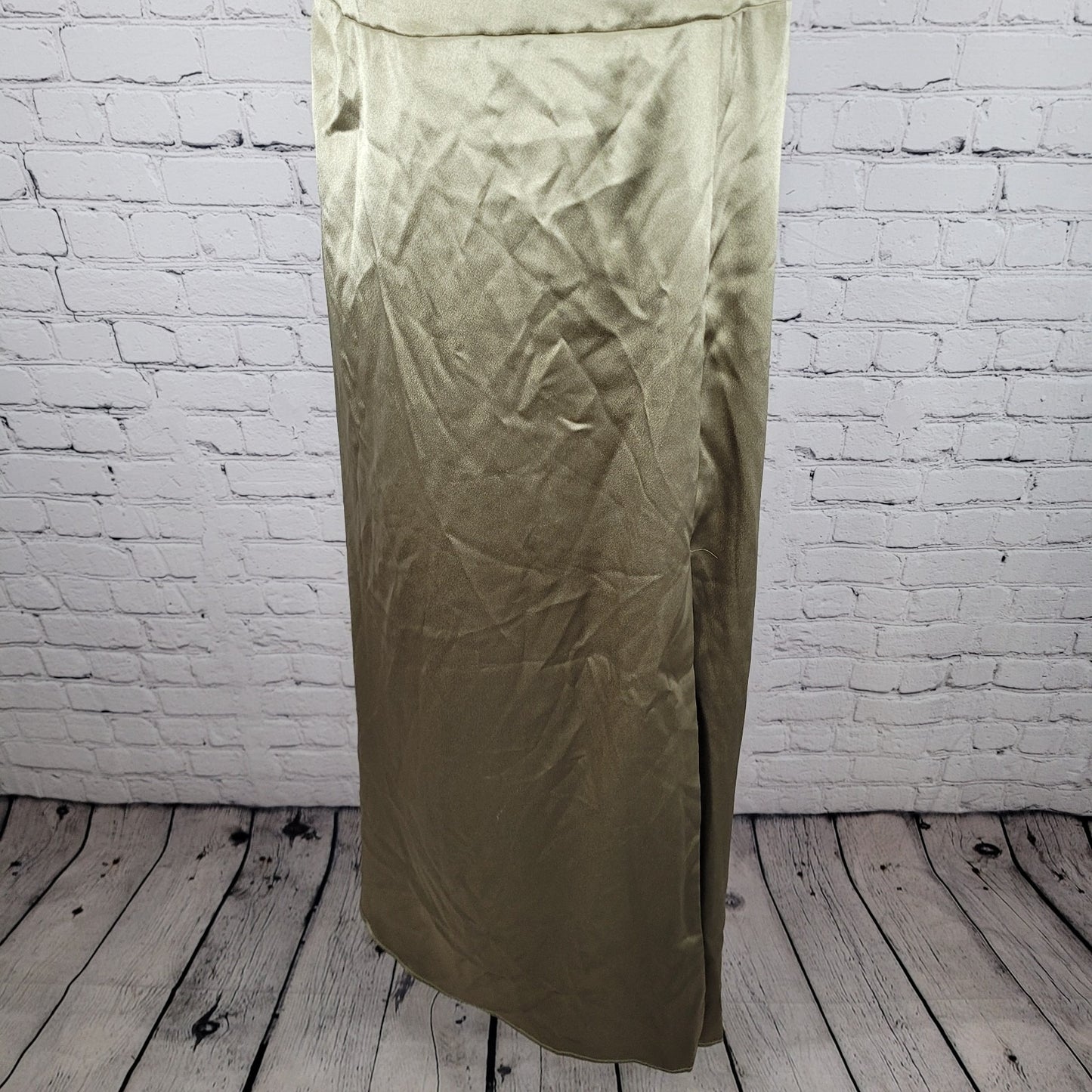Birdy Grey Gold Satin One Shoulder Side Slit Bridesmaid Maxi Dress Gown Size XXL