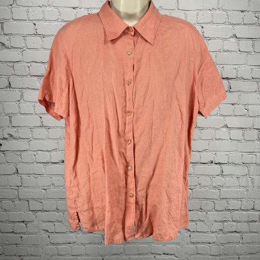 LL Bean Orange 100% Linen Lightweight Short Sleeve Button Up Shirt Size Large L