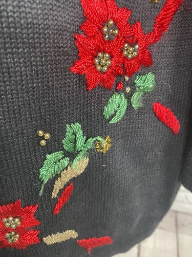 VTG Chrysantheme Black Poinsettia Embroidered Beaded Hand Knit Sweater 1X