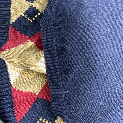 VTG Thane 100% Cotton Pullover Crew Neck Blue Red Brown White Argyle Sweater L