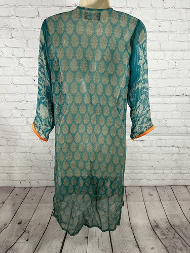 Sana Safinaz Brown Orange Blue Semi Sheer Long Sleeve Women’s Kurti Size XS