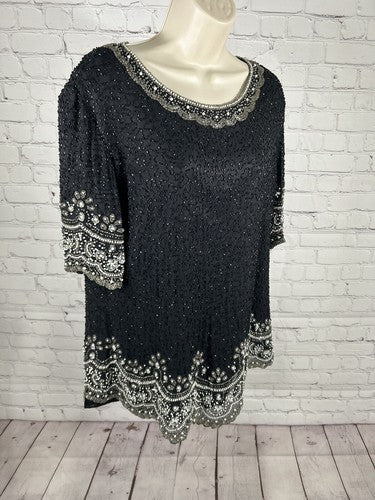 Fashion By Anil 100% Silk Black White Silver Beaded Sequined Blouse L