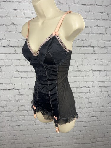 VTG Victoria's Secret Black Pink Satin Mesh Garter Babydoll Chemise Slip 36C