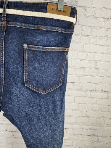 LAKENZIE Dark Wash Distressed Born Sinner Embroidered Denim Zipper Ankle Jeans L