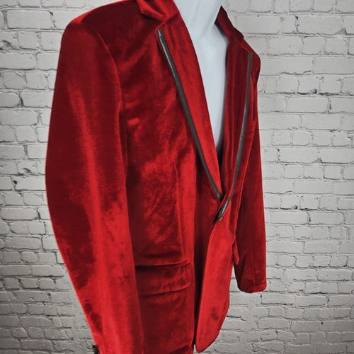 Thwei Red Velvet Faux Leather Trim 1 Button Notch Lapel Blazer Sport Coat M