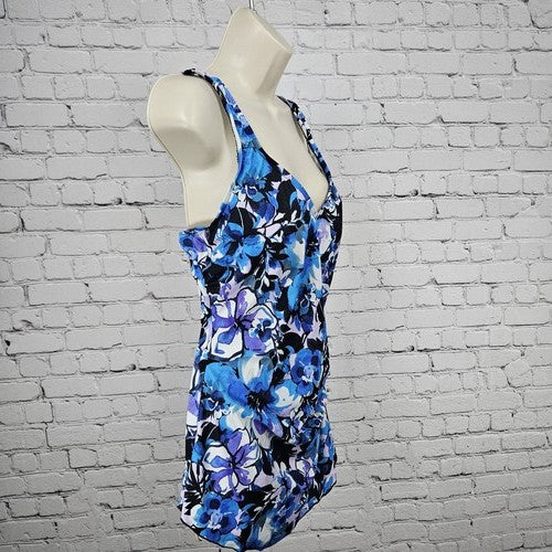 Maxine of Hollywood Blue Purple Floral V Neck One Piece Swimsuit Bathing Suit 14