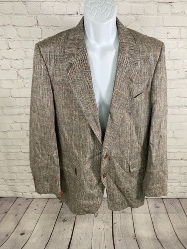 VTG Bilari Hand Tailored Brown Multicolor Fleck Overcheck Silk Jacket Blazer 42R