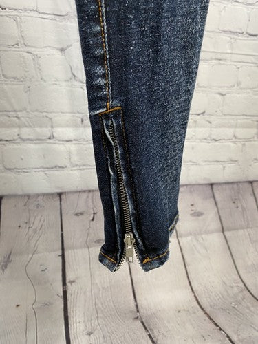 LAKENZIE Dark Wash Distressed Born Sinner Embroidered Denim Zipper Ankle Jeans L