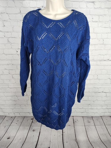 VTG Huntington Ridge Royal Blue Round Neck Pullover Open Knit Sweater Size Large