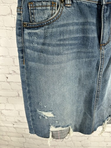 NWT NY&C Distressed Plaid Cut Outs Medium Wash Denim Short Jean Pencil Skirt 2