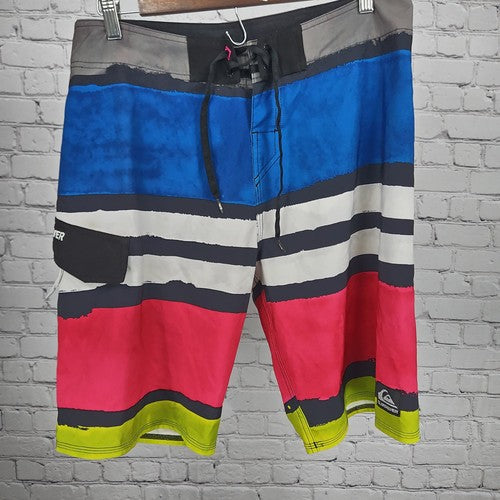 Quiksilver Blue Red Striped Colorblock Board Shorts Swim Trunks 33 (32X11)
