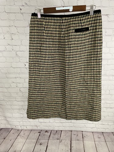 VTG Liz Claiborne Tan Houndstooth Side Zip Midi Length Straight Pencil Skirt 14