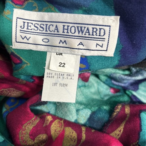 VTG Jessica Howard Colorful Shoulder Pad Front Wrap Back Zip Long Dress 22