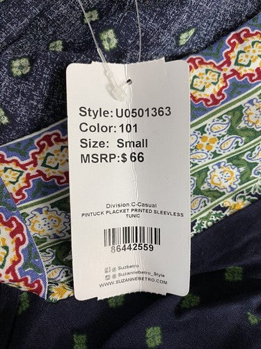 NWT Weekend Suzanne Betro Colorful Pintuck Placket Sleeveless V Neck Tunic S