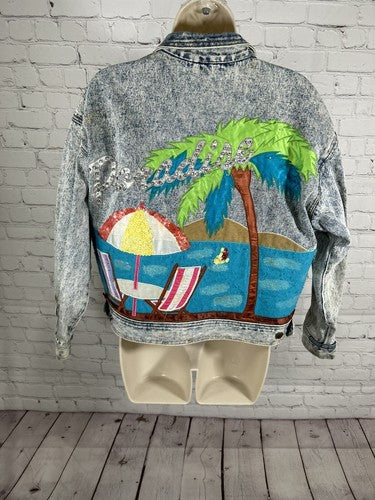 VTG Chazzz Light Wash Distressed Rhinestone Embroidered Paradise Jean Jacket M