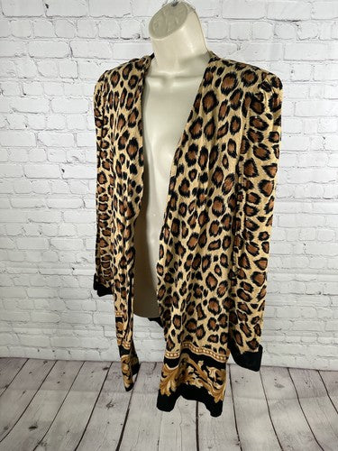 VTG Periwinkle Cheetah Print Shoulder Pad Open Front Long Sleeve Cardigan USA 18
