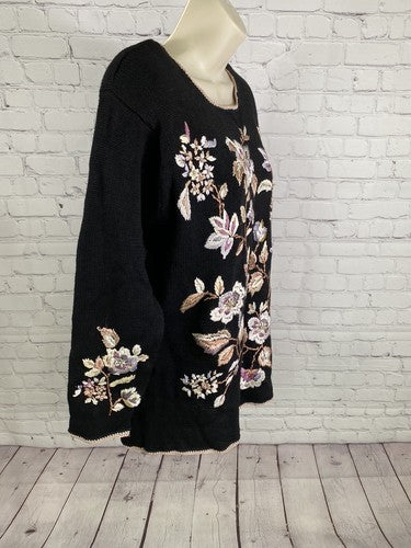 VTG Worthington Black Floral Beaded Embroidered Shoulder Pad Pullover Sweater M