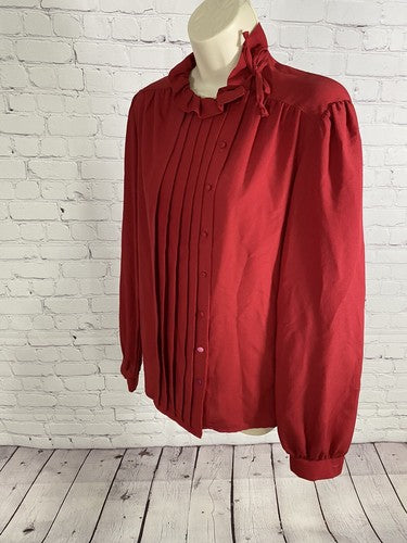 VTG Lorch Red Button Up Pleated High Neck Ruffle Long Sleeve Blouse Top USA 12