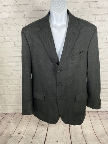 VTG 1998 Franco Tassi 100% Wool Black Brown Plaid 3 Button Blazer Jacket 44T
