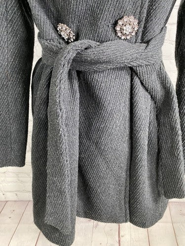 Ci Sono Charcoal Grey Wool Blend Rhinestone Button Waist Tie Jacket Coat Women S