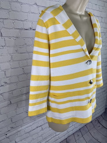 Optimum NZ White Yellow Striped 3/4 Sleeve Cape Collared 3 Button Knit Sweater S
