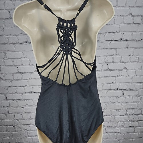 Hilor Black Macrame Strappy Back V Neck One Piece Swimsuit Bathing Suit 12