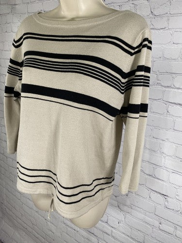 Laura Scott Black Beige 3/4 Sleeve Striped Waist Tie Knit Sweater M