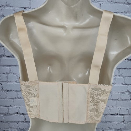 VTG May Marie Beige Floral Lace Lace-Up Front Longline Unlined Bra 30DDD+