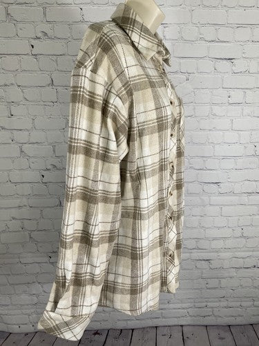 NWT THATSSOFETCH Beige Brown Plaid Denver Flannel Button Up Long Sleeve Shirt 6
