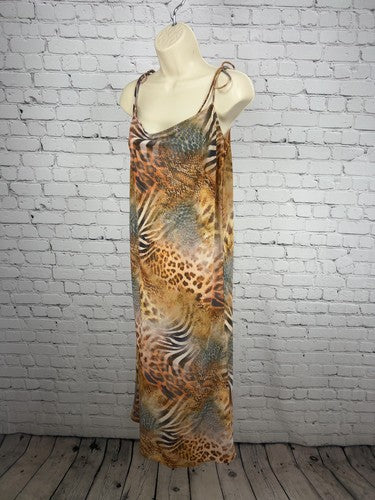 NWT White Fox Safari Chaos Animal Print Tie Straps Side Slit Midi Dress M