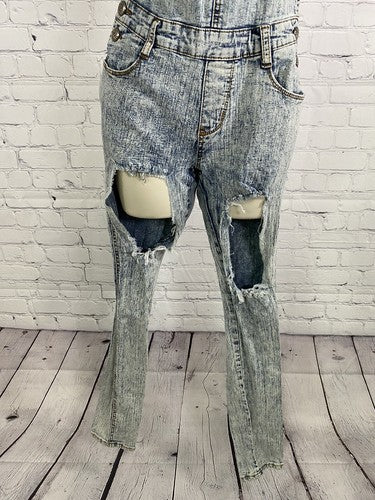 AQ American Quality Denim Distressed Coveralls Light Wash Skinny Leg Pockets 5