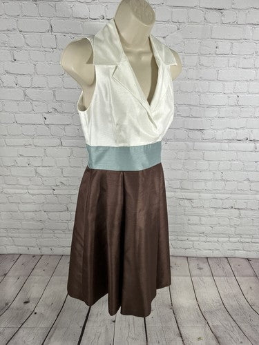 Willow Glenn White Blue Brown Lined Collared Sleeveless A Line Dress Women’s 4P