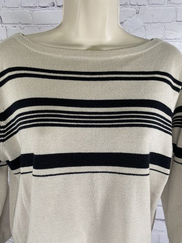 Laura Scott Black Beige 3/4 Sleeve Striped Waist Tie Knit Sweater M