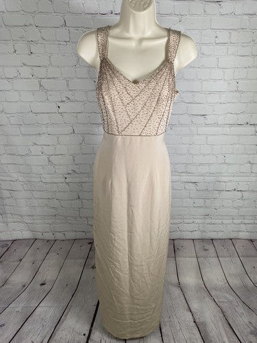 VTG Montage By Mon Cheri Champagne Beaded Long Sleeveless Sheath Dress 4