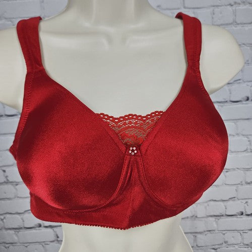 NWT Jodee Red Satin Lace Trim Pocketed Mastectomy Wire Free Bra 36A