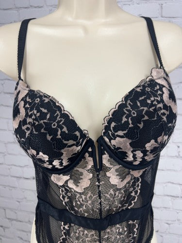 Auden Black Nude Floral Lace Underwire Push Up Thong Bodysuit Teddy M