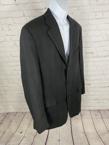VTG 1998 Franco Tassi 100% Wool Black Brown Plaid 3 Button Blazer Jacket 44T