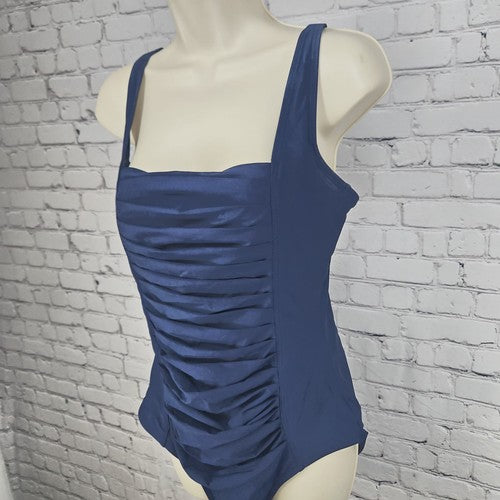Calvin Klein Navy Blue Ruched Square Neck One Piece Swimsuit Bathing Suit 12